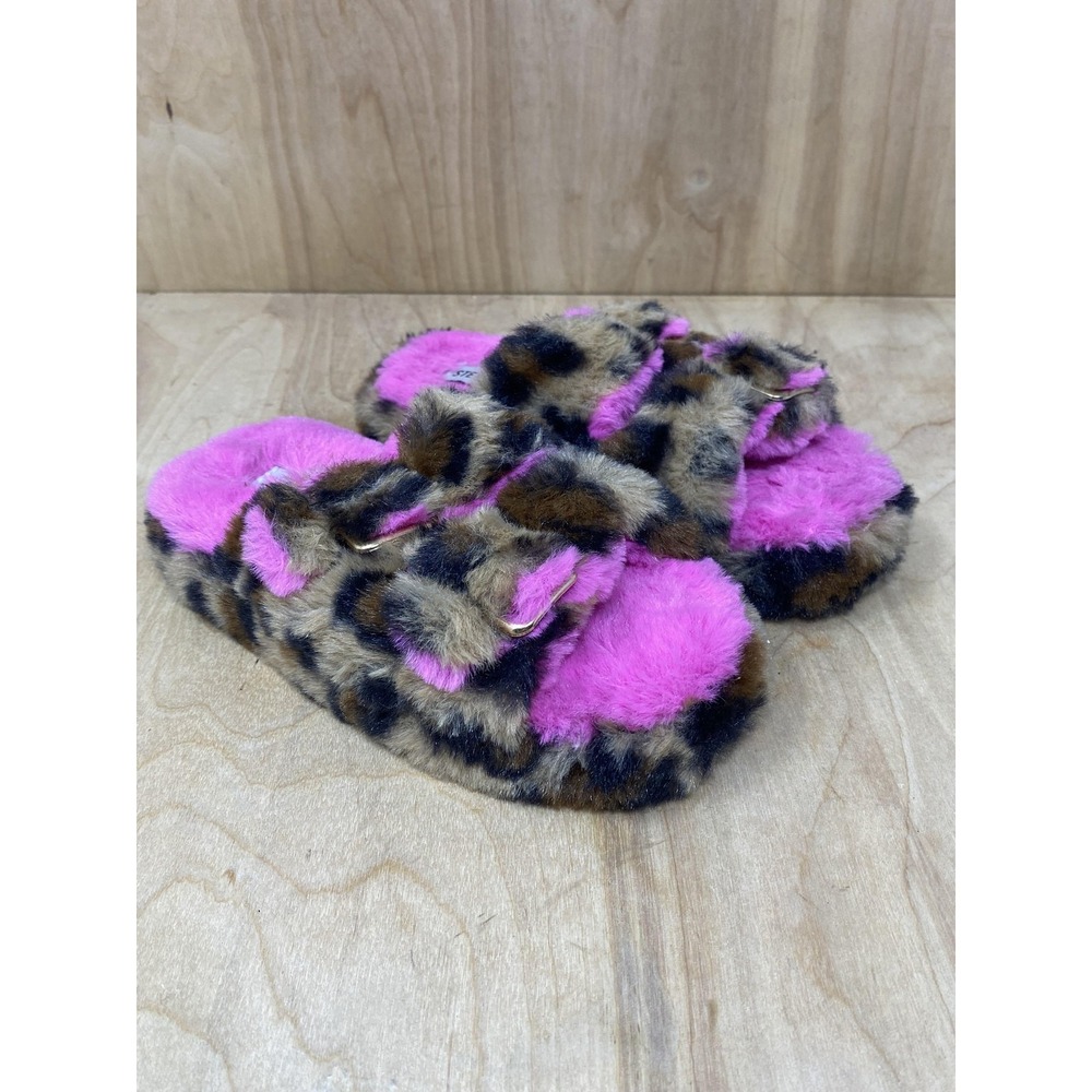 Steve Madden Slippers Girls Size 2 Pink Leopard Faux Fur Around Buckle Slides